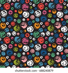 Circles Dry Paint Brush Stroke Vector Seamless Pattern. Hand drawn Polka dot background