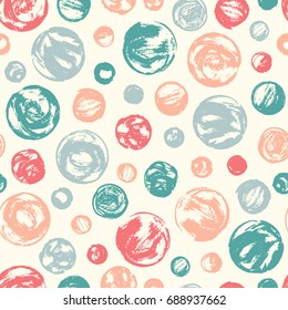 Circles Dry Paint Brush Stroke Vector Seamless Pattern. Hand drawn Polka dot background. Pastel colors