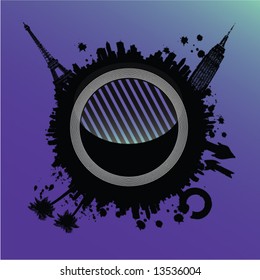 circles effect with town on blue background