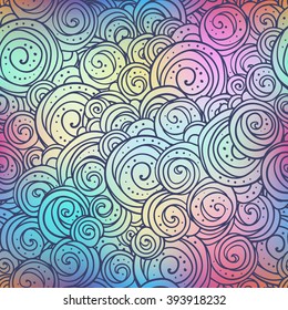 Circles ethno doodle pattern on blurred colorful background. Boho style vector illustration.