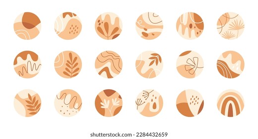 Kreise mit floralen abstrakten Design flachen Symbole gesetzt. Braune abstrakte Blumen und Blätter. Vintage elegante Botanik-Ornament. Farbisolierte Illustration