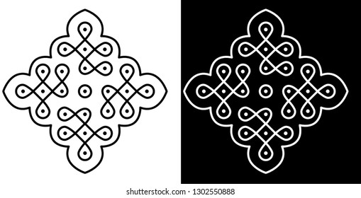 Circles, Flower Border and 7X7 Dots - Indian Traditional and Cultural Rangoli, Alpona, Kolam or Paisley Vector Line art with Dark and White Background