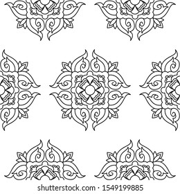 Circles, Flower petals and spirals - Indian Traditional and Cultural Rangoli, Alpona, Kolam or Paisley vector line art is in Seamless pattern