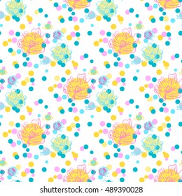 Circles and flowers. Abstract seamless pattern on white background for design greeting cards, invitation, meetings and parties.
