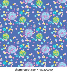 Circles and flowers. Abstract seamless pattern on dark blue background for design greeting cards, invitation, meetings and parties.