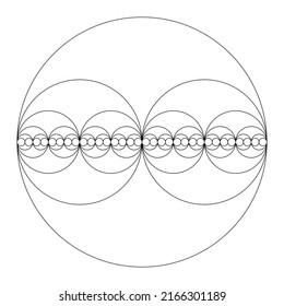 Circles forming a binary sequence. Circles, halved in diameters, showing the Power of Two, the exponentiation with number two. The first 6 non-negative powers of 2 are 1, 2, 4, 8, 16 and 32. Vector.