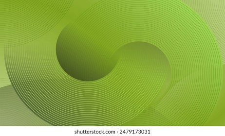Circles geometric green background. Glowing lines minimalist gradient texture. Curve wave striped pattern. Suit for banner, brochure, card, cover, flyer, poster, website.
