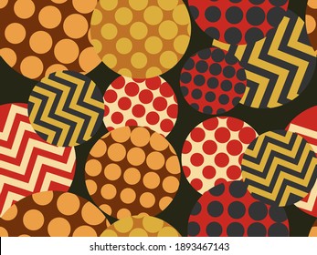 Circles with geometric pattern, seamless background in 80s style for wrapping paper, fabric and printing. Vector illustration