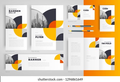 Circles geometric theme Set flyer cover, tri-fold, banner, roll up banner, business card orange color