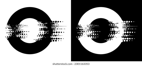 Circles with glitch halftone texture. Black shape on a white background and the same white shape on the black side.