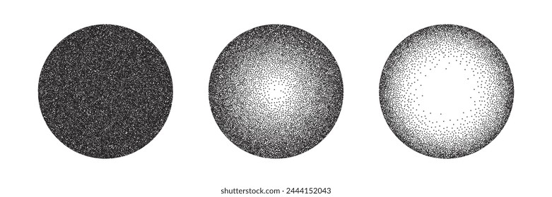 Circles with grain noise texture set vector illustration. Abstract spheres with gradient stipple pattern, globes with gradation to fade of monochrome grainy dots or noise dust on white background.