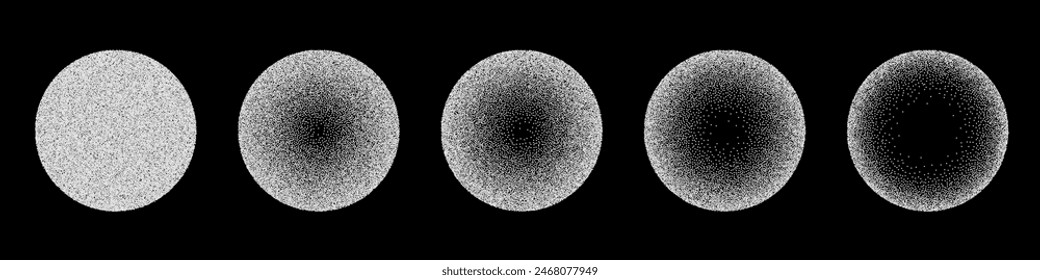 Circles with grain noise texture set vector illustration. Abstract spheres with gradient stipple pattern, globes with gradation to fade of monochrome grainy dots or noise dust on black background