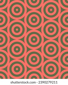 Circles Grid Vector Graphic Seamless Pattern With Red Green Colour Palette. Funky Retro Style Art 1950s 1960s 1970s Repetitive Abstract Background. Retro Trendy Old Fashioned Continuous Wallpaper