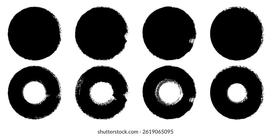 Circles grunge brush shape, paint brushstroke circles pack. Vector brush circle. Black circle frames. Grunge round shape. Circular ink brush stroke fro design elements. Vector illustration.