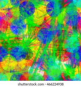 Circles as grunge disks. Sharp edged elements like scratches or thorns. Bright colorful pattern. Abstract seamless vector background.