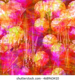 Circles as grunge disks, sharply angular elements like scratches. Watercolor effect and blur. Abstract vector background. Seamless pattern. Red, purple yellow.