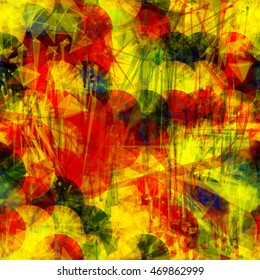Circles as grunge disks, sharply angular elements like scratches, triangles. Abstract vector background. Seamless pattern. Red, yellow, black, green.