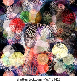 Circles as grunge disks, stylized feathers and leaves. Randomly mixed. Contrast abstract seamless pattern. Vector background for printing, tissue, packaging paper, boho design.