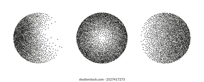 Circles grunge grainy effect and stippling dots vector pattern. Stippled round frame. Retro texture for Christmas bubble