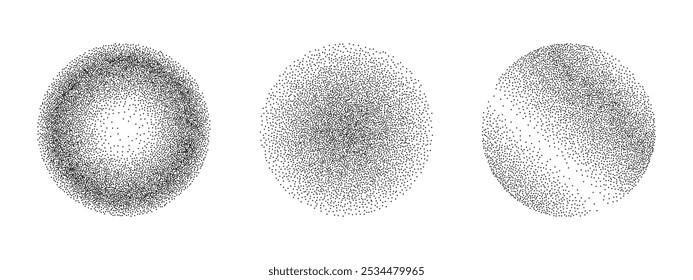 Circles grunge grainy effect and stippling dots vector pattern. Stippled round frame. Retro texture for Christmas bubble