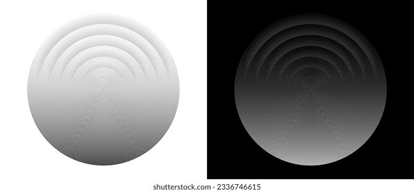 Circles as halftone dotted abstract symbol. Black shape on a white background and the same white shape on the black side.