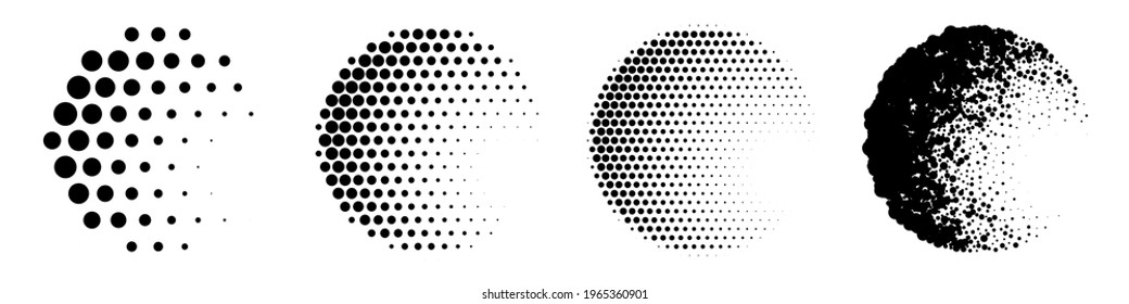 Circles with halftone pattern set. Tone and shape gradation of black dots vector illustration. Collection of graphic effect icons on white background. Retro decor elements.