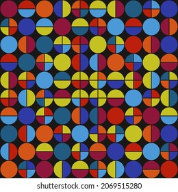 Circles, halves of circles, and quarters. Vector with colorful bright mosaic shapes. Can be used as a seamless pattern. Can be an independent painting. Abstraction with round shapes.