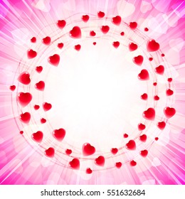 Circles of hearts in a round ring vortex on the background of light rays and confetti from symbols of love; Greeting card for Valentine's Day, weddings with a text frame; Vector Eps10; Pink version