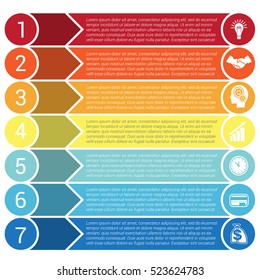 Circles, horizontal colorful arrows and strips, bars infochart, areachart presentation or templates for 7 positions infographics