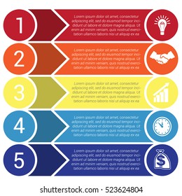Circles, horizontal colorful arrows and strips, bars infochart, areachart presentation or templates for 5 positions infographics