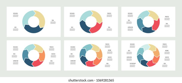 Circles for infographics. Pie charts, diagrams with 3, 4, 5, 6, 7, 8 steps, options, arrows. Vector templates.