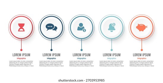 Circles Infographics template design template with five steps or options. Colorful vectorinfographic elements for presentation slides