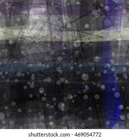 Circles like bubbles or transparent dots. Curved strips and thin straight lines. Abstract seamless vector background for fabric, printing, wrapping. Mysterious pattern. Gray and blue