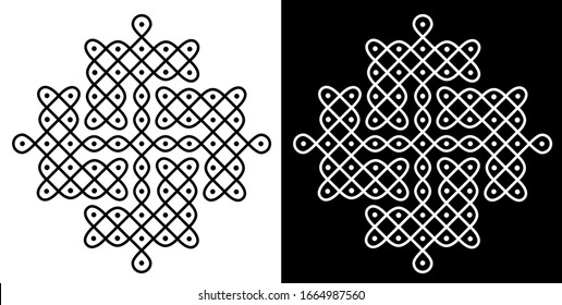Circles, Lines and Dots - Indian Traditional and Cultural Rangoli, Alpona, Kolam or Paisley Vector Line art with Dark and White Background