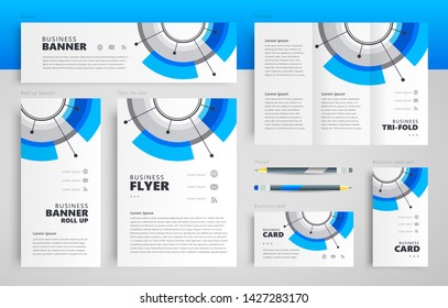 Circles and lines future theme blue color set flyer cover, tri-fold, banner, roll up banner, business card