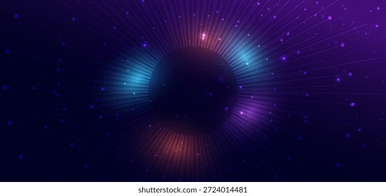 Líneas de círculos que brillan con la iluminación brillante sobre fondo azul oscuro. Antecedentes científicos, concepto de big data de tecnología. Ilustración vectorial