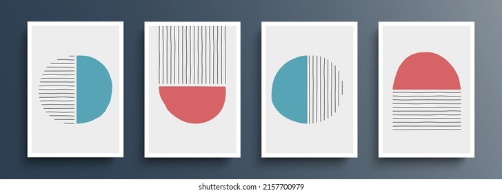 Círculos y líneas. Rojo y azul. Conjunto de composición artística abstracta y creativa minimalista. Plantilla gráfica con elementos de formas primitivas. Ilustración vectorial.