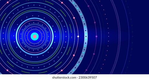 Circles made of colored lines and dots on a bright blue background for an abstract tech design, digital game interface. Vector. Copy Space.