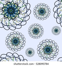 Circles mandalas, seamless pattern on blue.