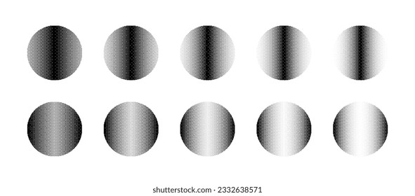 Circles With Miscellaneous Density of Bitmap Dither Linear Gradient Vector Set Isolated On White. Round Shapes With Retro 8bit Pixel Graphic Art Style Different Textures Design Element Collection