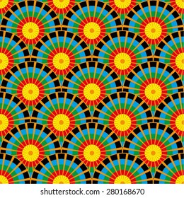 Circles of mosaic squares in the pattern, scales, seamless vector background.