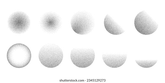 Circles noise texture dotwork grain. Pointillism gradient pattern. Radial stochastic grange texture. Dotwork stipple halftone effect for tattoo. Dotted sphere, stipple element. Vector background