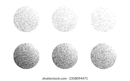 Circles noise texture dotwork grain. Pointillism gradient pattern. Radial stochastic grange texture. Dotwork stipple halftone effect for tattoo. Dotted sphere, stipple element. Vector background