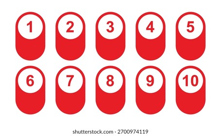 Circles and numbers. red button numbers. number from 1 to 10. numbers symbols. flat icons. abstract number bullet point arrow. vector illustration