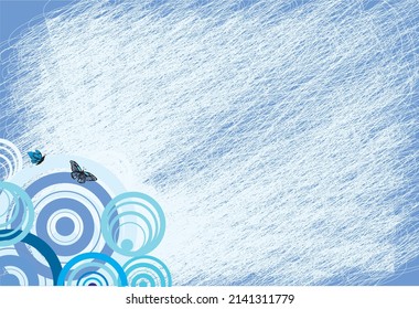 circles on bottom left corner with butterflies and white scribble and blue background