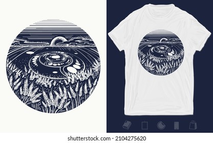 Circles on fields tattoo art. Mystical alien signs on meadows. Concept of magic, secrets, UFO, first contact t-shirt design. Vector graphics template. Hand drawn illustration