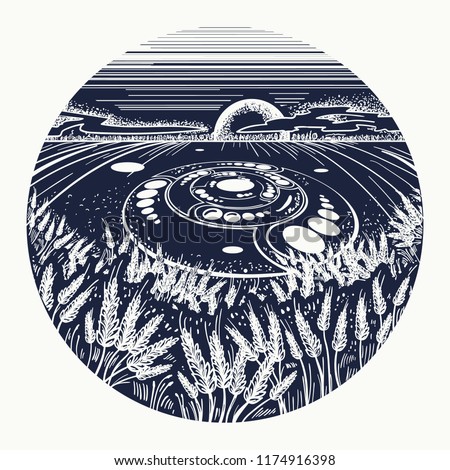 Circles on fields tattoo art. Mystical alien signs on meadows. Concept of magic, secrets, UFO, first contact t-shirt design 
