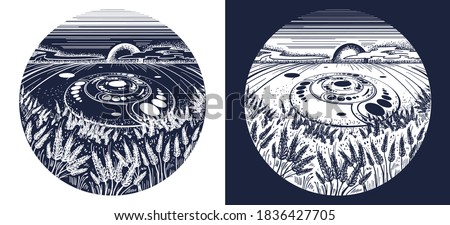 Circles on fields tattoo art. Mystical alien signs on meadows. Concept of magic, secrets, UFO, first contact t-shirt design. Black and white vector graphics 