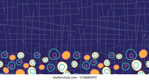 Circles on Grid border, bright fun dots in circles on dark blue background with grid design seamless repeat vector pattern surface pattern