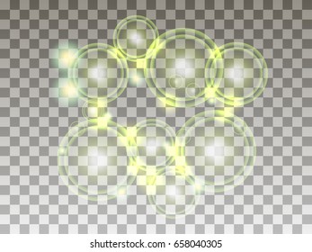 Circles on a transparent background. Bubbles are green. Bright spheres. Vector illustration